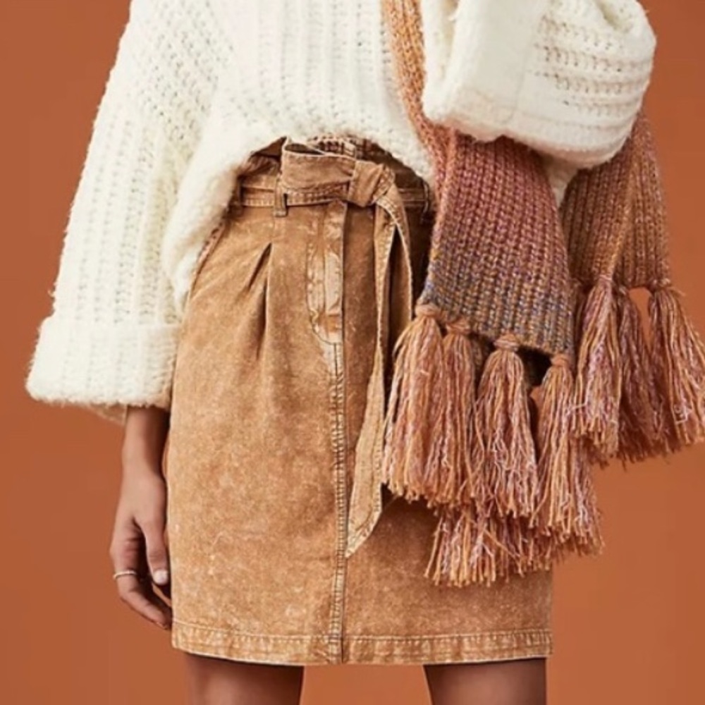 Anthropologie Pilcro Rhoda Tan Linen Paperbag Waist Mini Skirt Womens Size 2